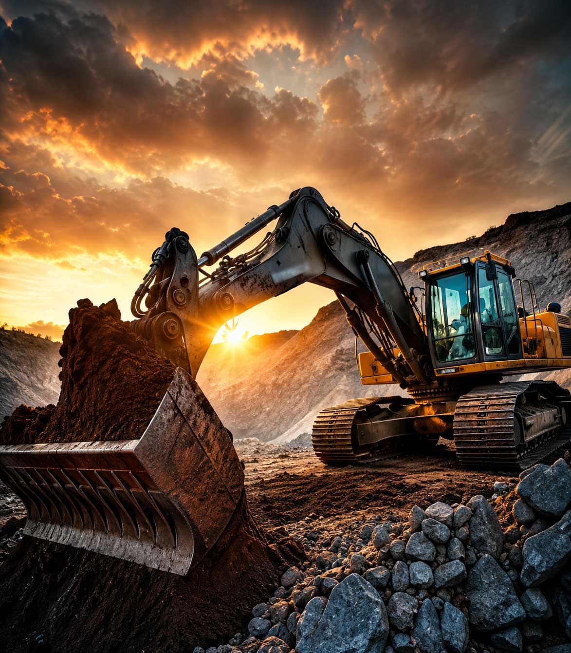 Excavator loading ore at an open pit mine