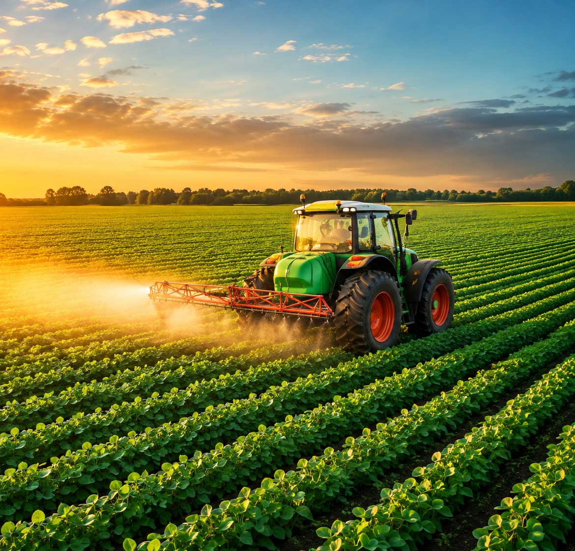 Tractor spraying a irrigated crop field