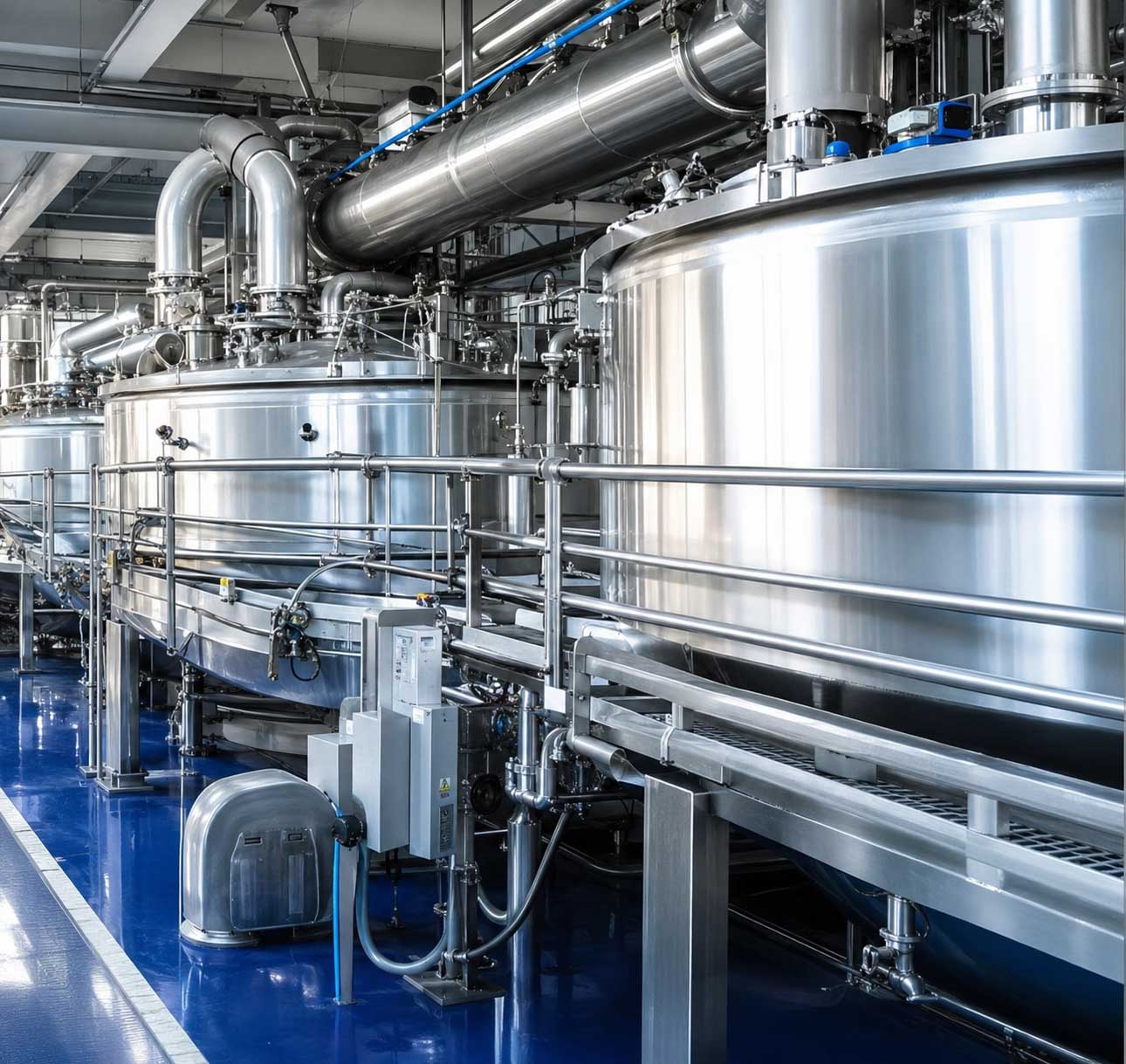 Stainless steel processing tanks in a food plant