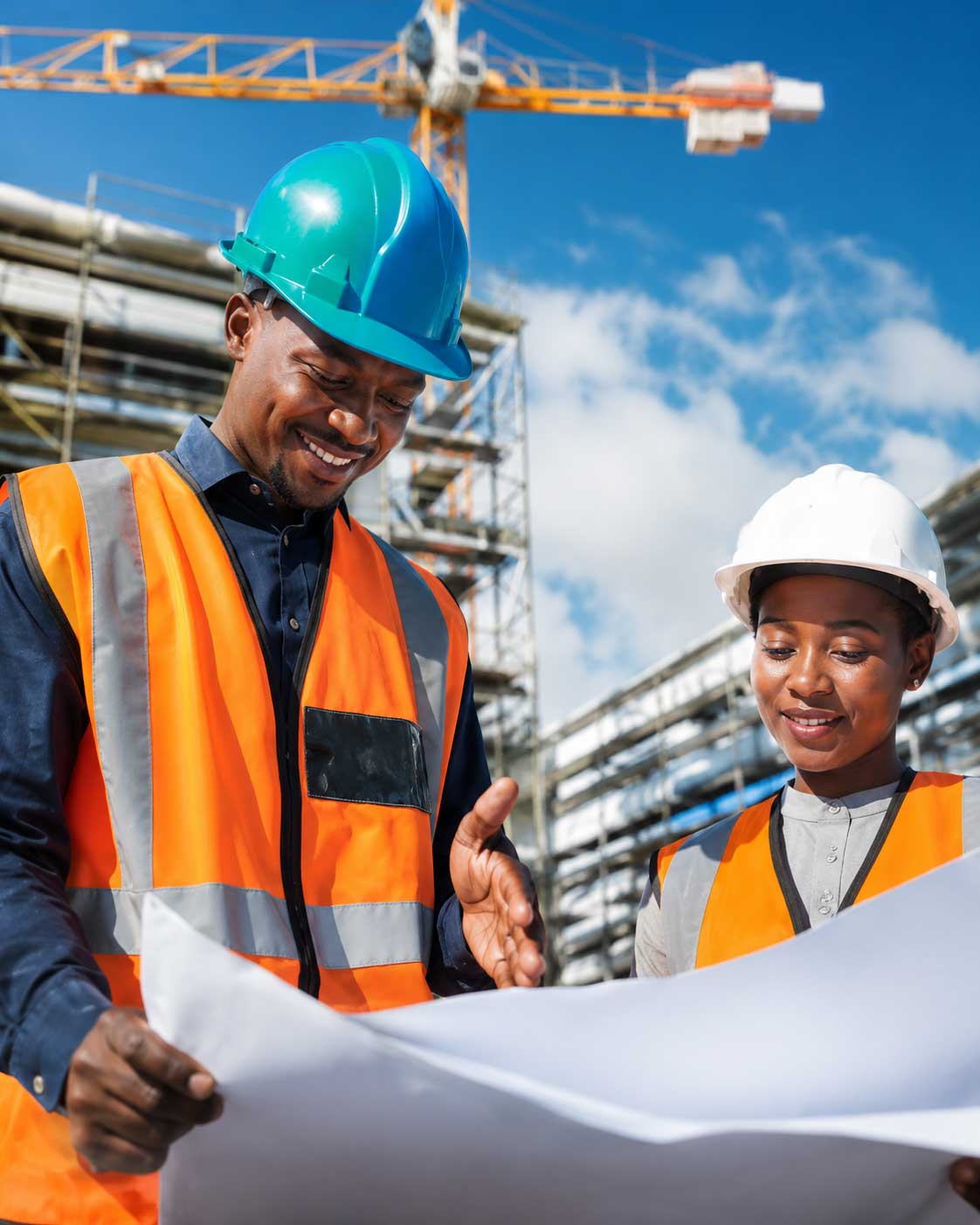 Site engineers reviewing plans on a construction site